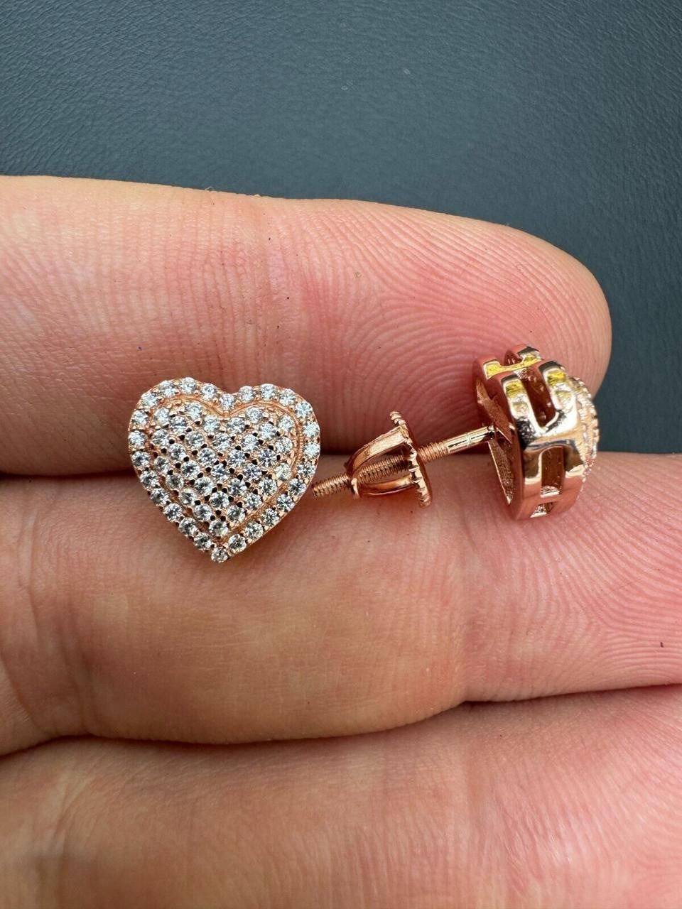 3D Heart Classic Iced Out Earrings - 14k Rose Gold Vermeil 925 Silver - CZ Stones - 10.5mm