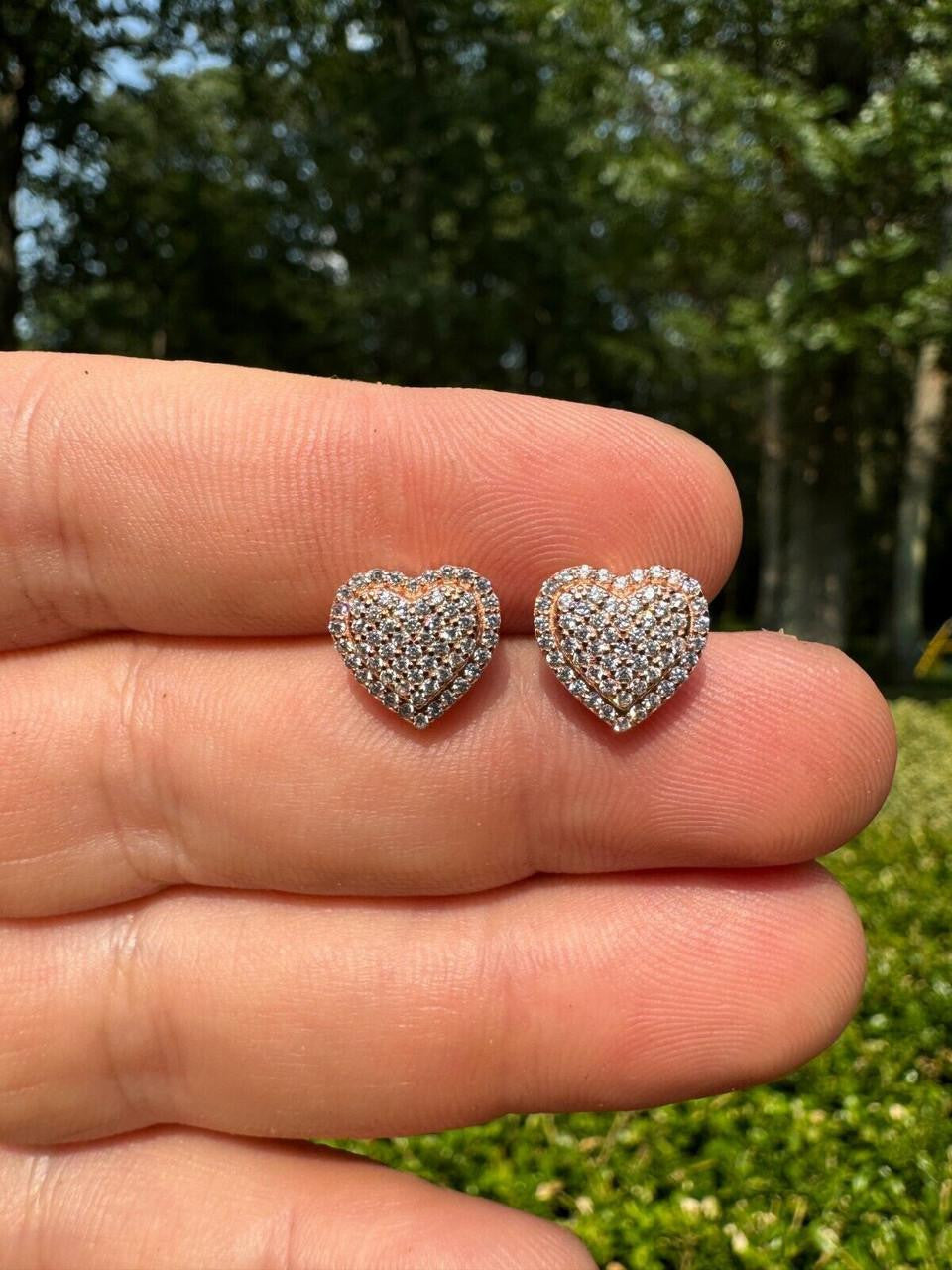 3D Heart Classic Iced Out Earrings - 14k Rose Gold Vermeil 925 Silver - CZ Stones - 10.5mm