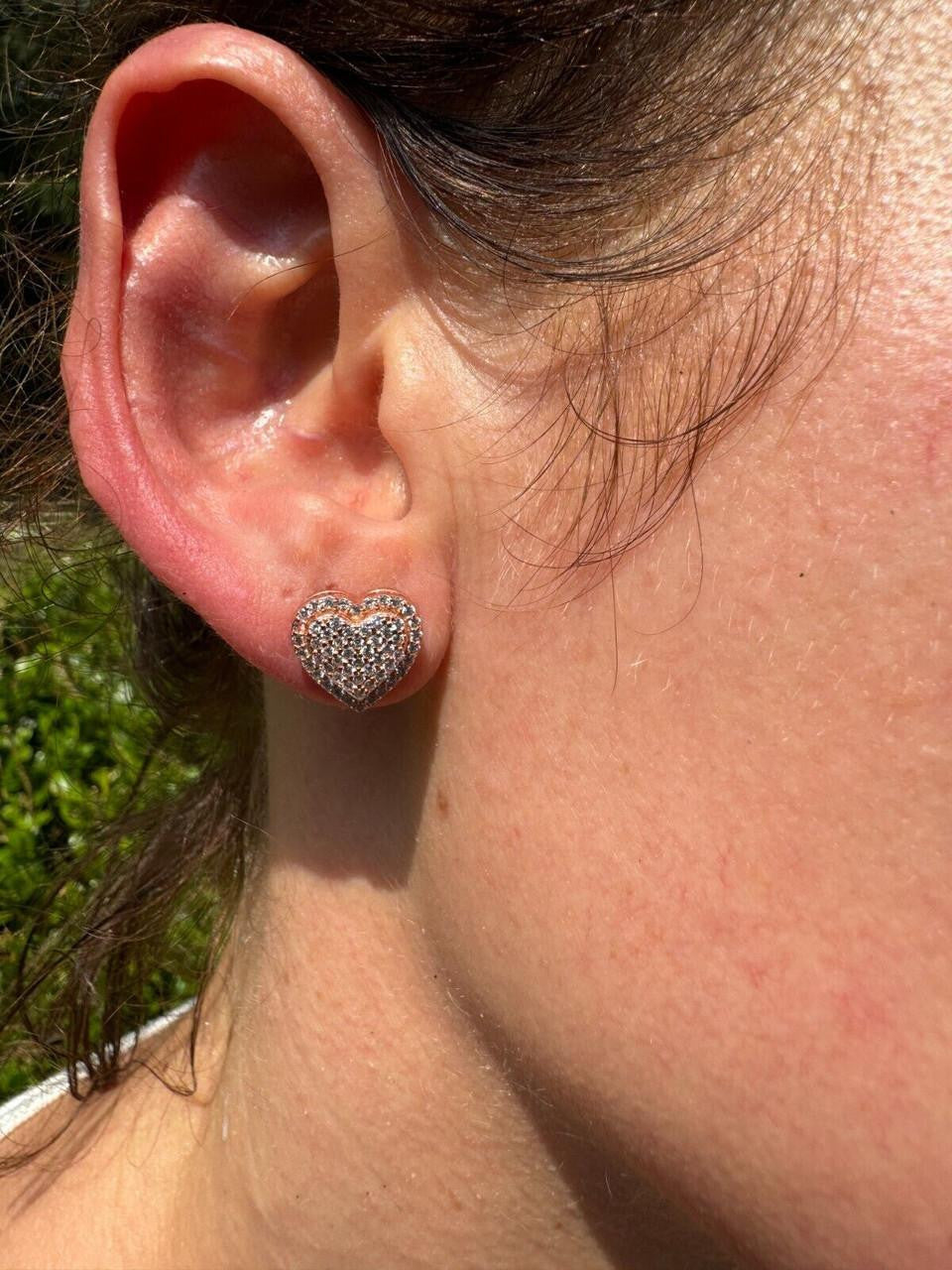 3D Heart Classic Iced Out Earrings - 14k Rose Gold Vermeil 925 Silver - CZ Stones - 10.5mm