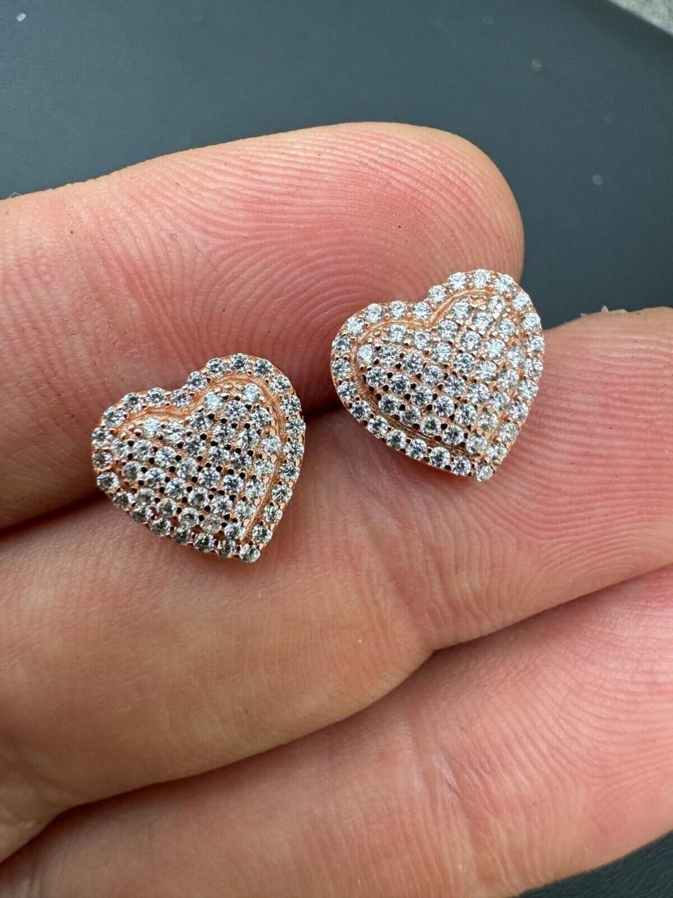 3D Heart Classic Iced Out Earrings - 14k Rose Gold Vermeil 925 Silver - CZ Stones - 10.5mm