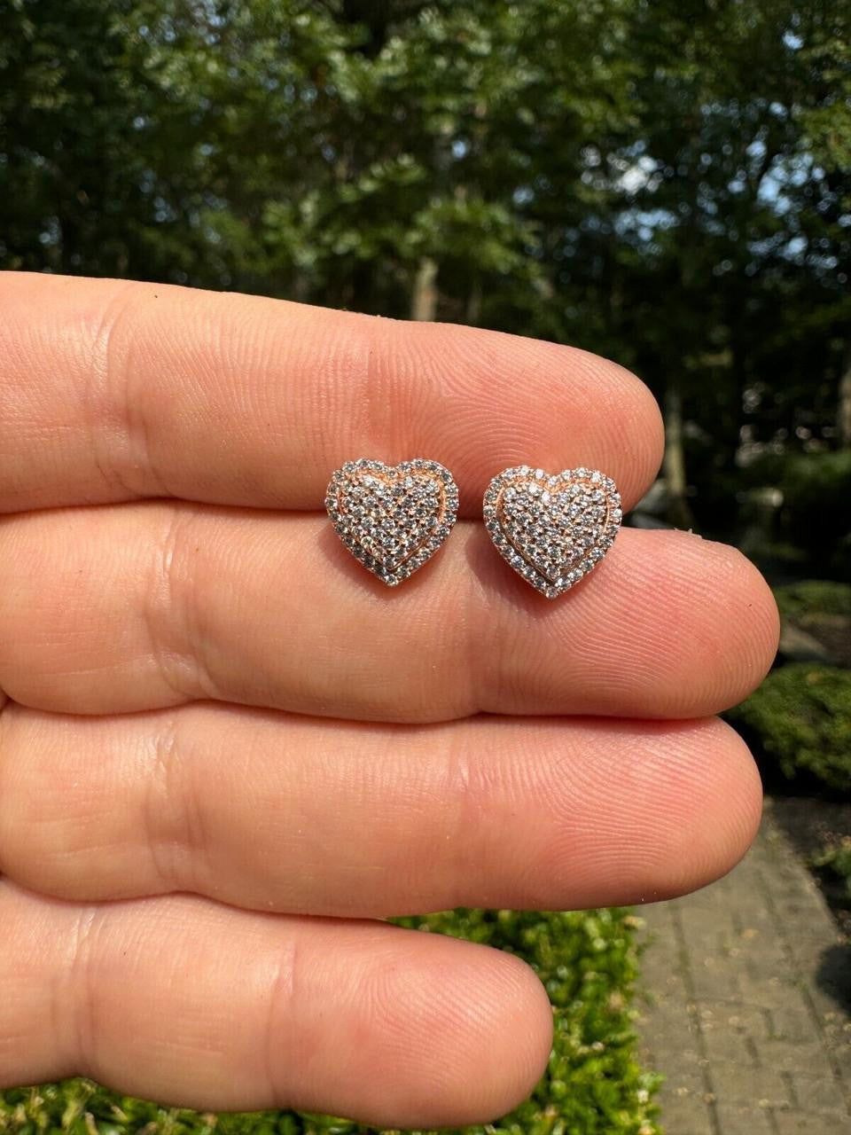 3D Heart Classic Iced Out Earrings - 14k Rose Gold Vermeil 925 Silver - CZ Stones - 10.5mm