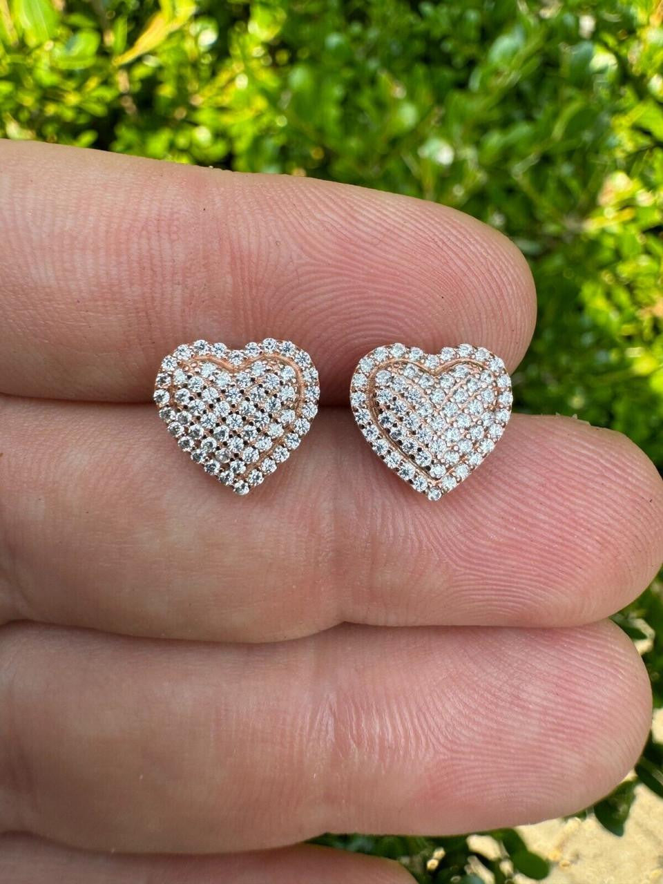 3D Heart Classic Iced Out Earrings - 14k Rose Gold Vermeil 925 Silver - CZ Stones - 10.5mm