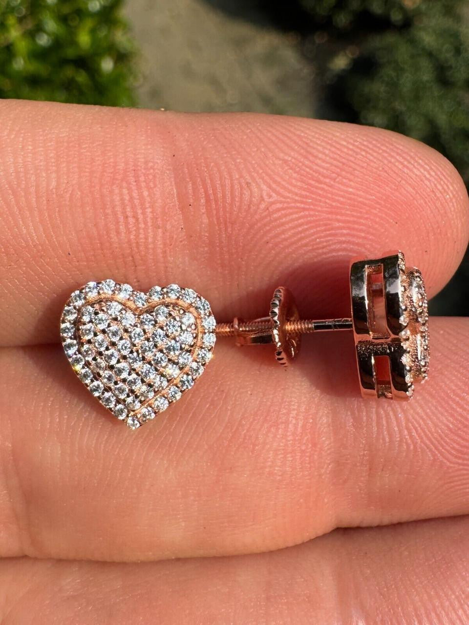 3D Heart Classic Iced Out Earrings - 14k Rose Gold Vermeil 925 Silver - CZ Stones - 10.5mm