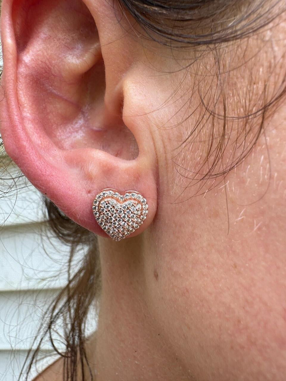 3D Heart Classic Iced Out Earrings - 14k Rose Gold Vermeil 925 Silver - CZ Stones - 10.5mm