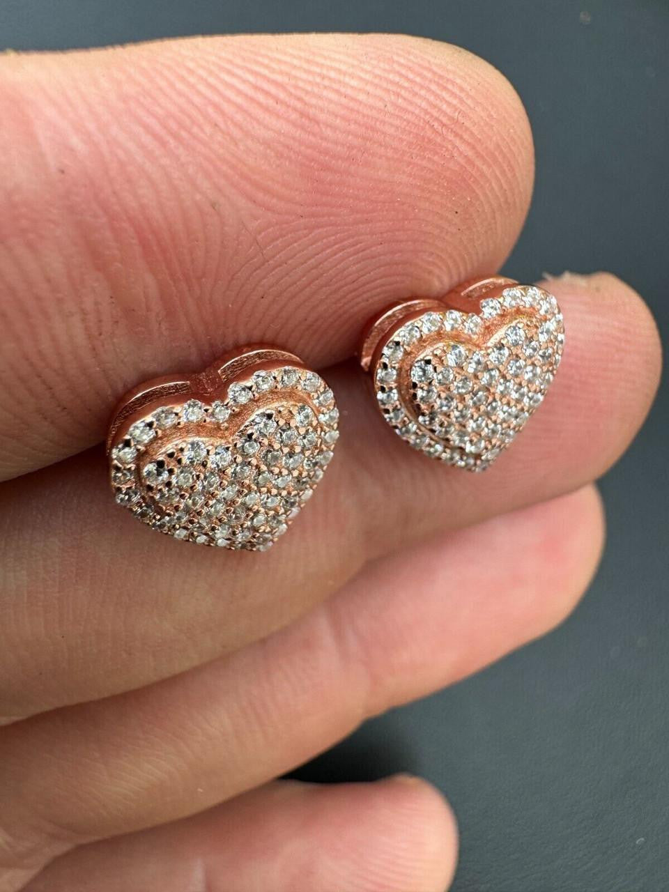 3D Heart Classic Iced Out Earrings - 14k Rose Gold Vermeil 925 Silver - CZ Stones - 10.5mm