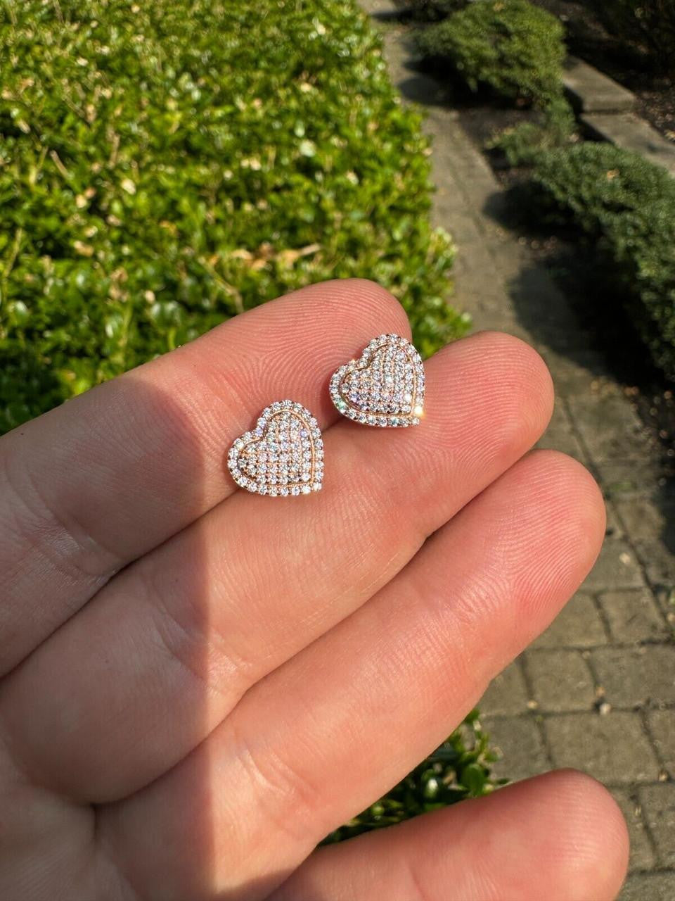3D Heart Classic Iced Out Earrings - 14k Rose Gold Vermeil 925 Silver - CZ Stones - 10.5mm