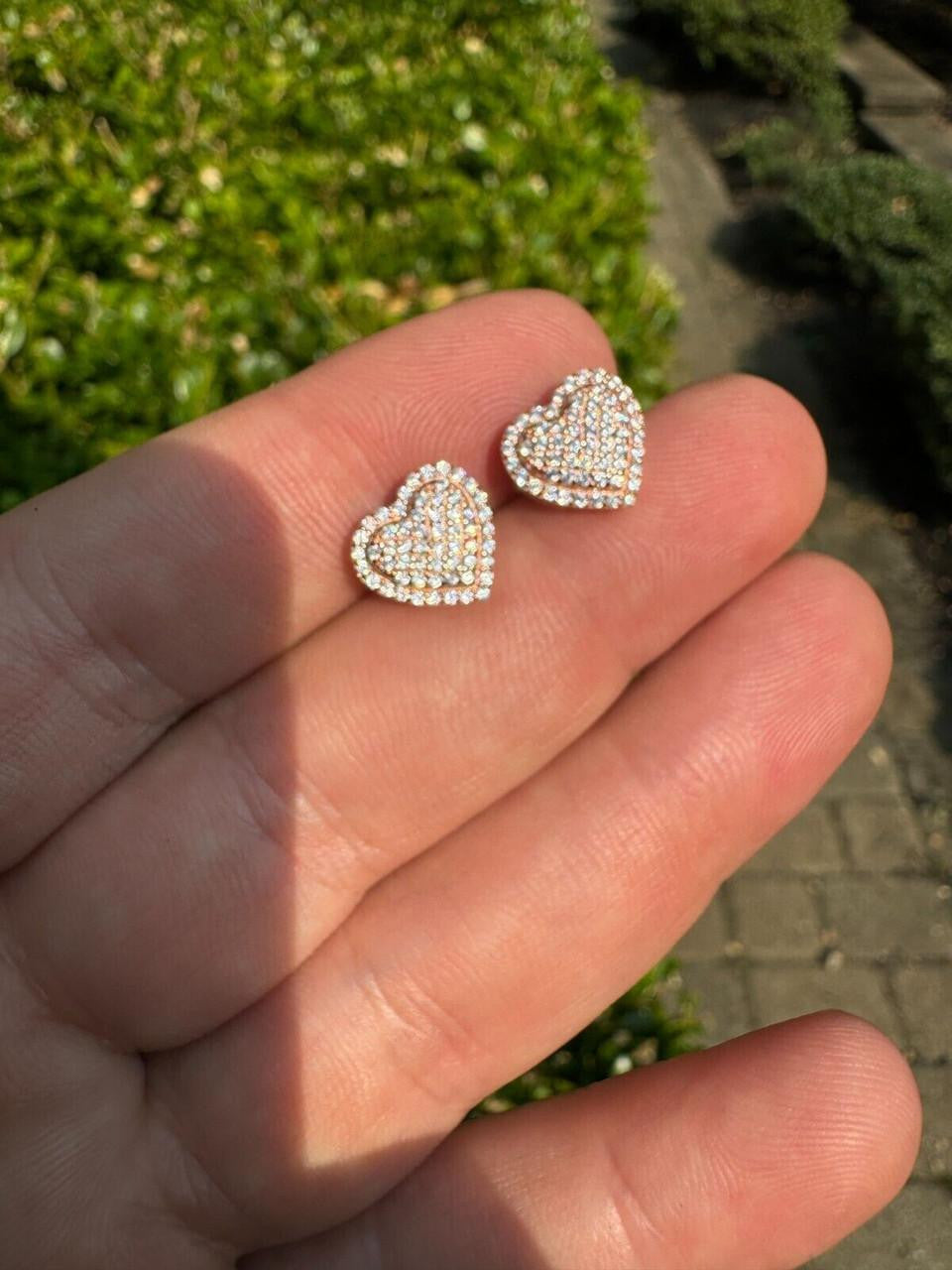3D Heart Classic Iced Out Earrings - 14k Rose Gold Vermeil 925 Silver - CZ Stones - 10.5mm