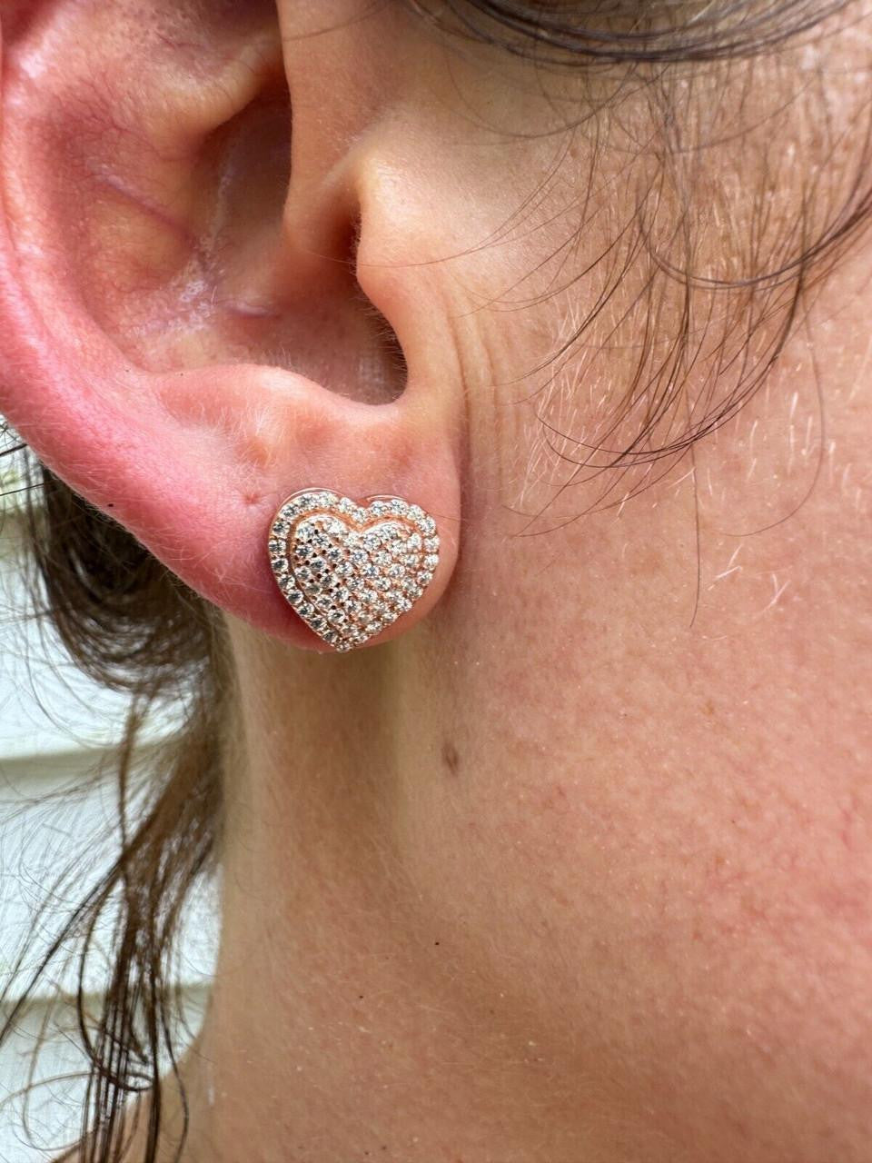 3D Heart Classic Iced Out Earrings - 14k Rose Gold Vermeil 925 Silver - CZ Stones - 10.5mm