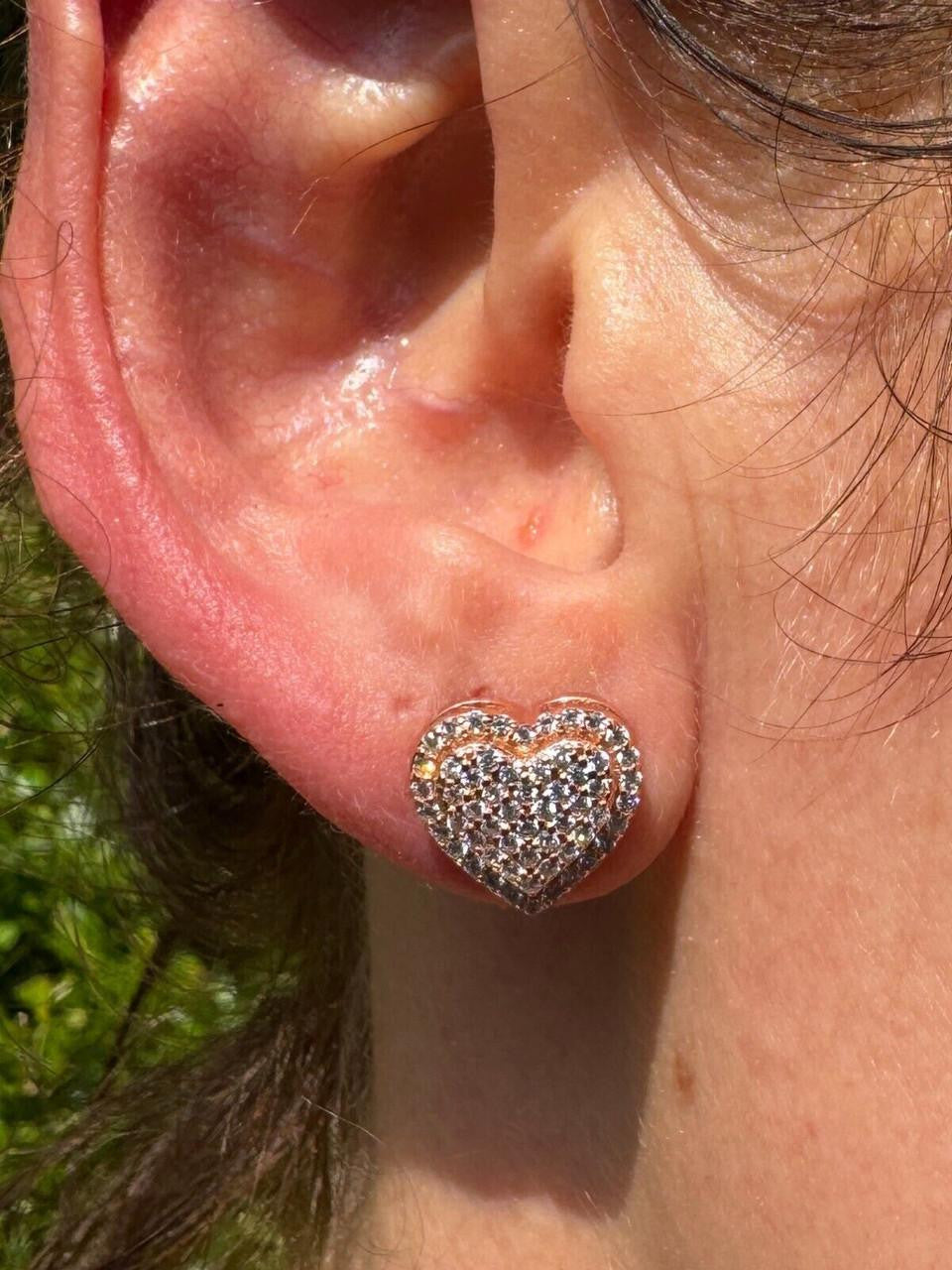 3D Heart Classic Iced Out Earrings - 14k Rose Gold Vermeil 925 Silver - CZ Stones - 10.5mm