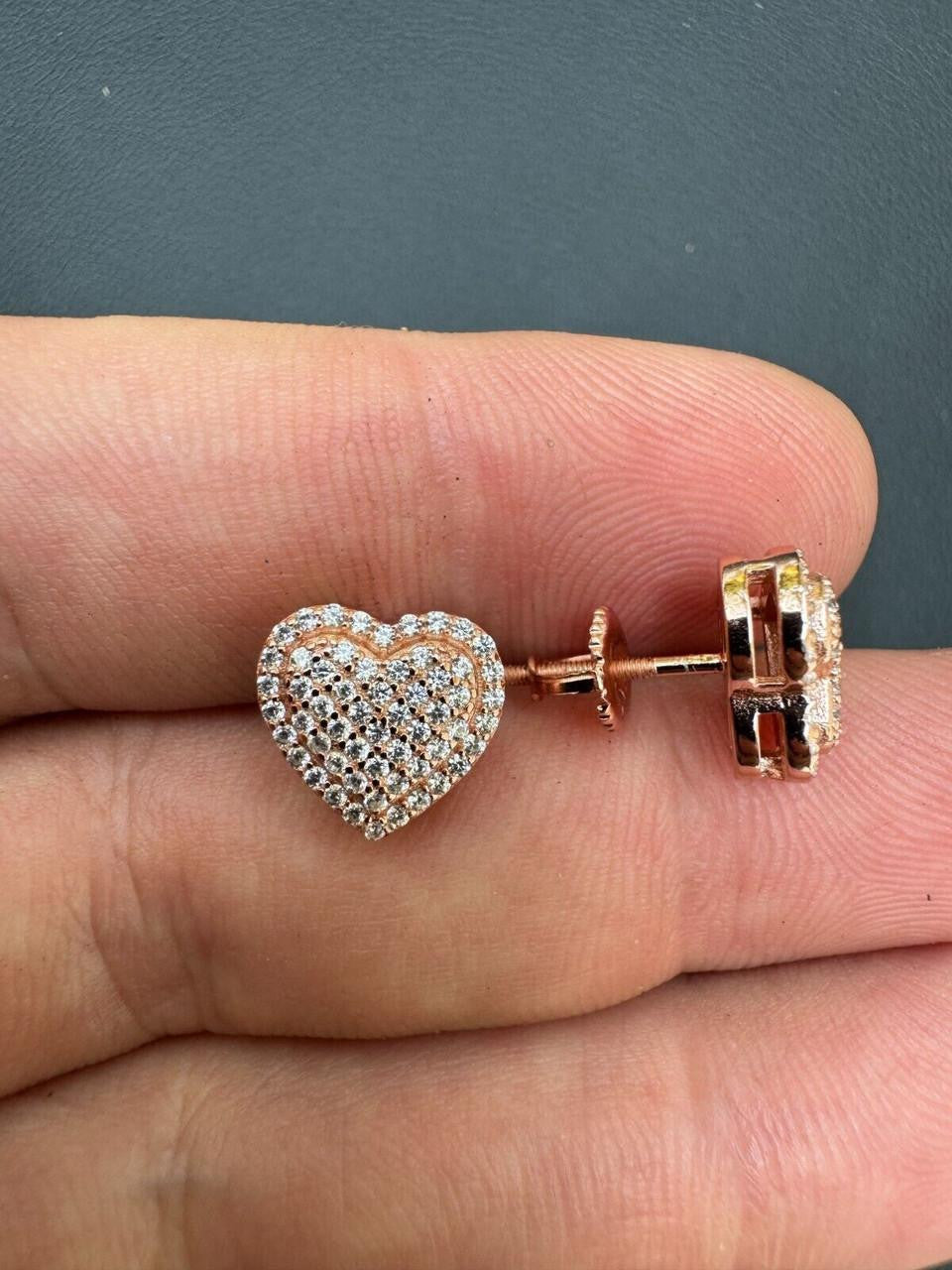 3D Heart Classic Iced Out Earrings - 14k Rose Gold Vermeil 925 Silver - CZ Stones - 10.5mm