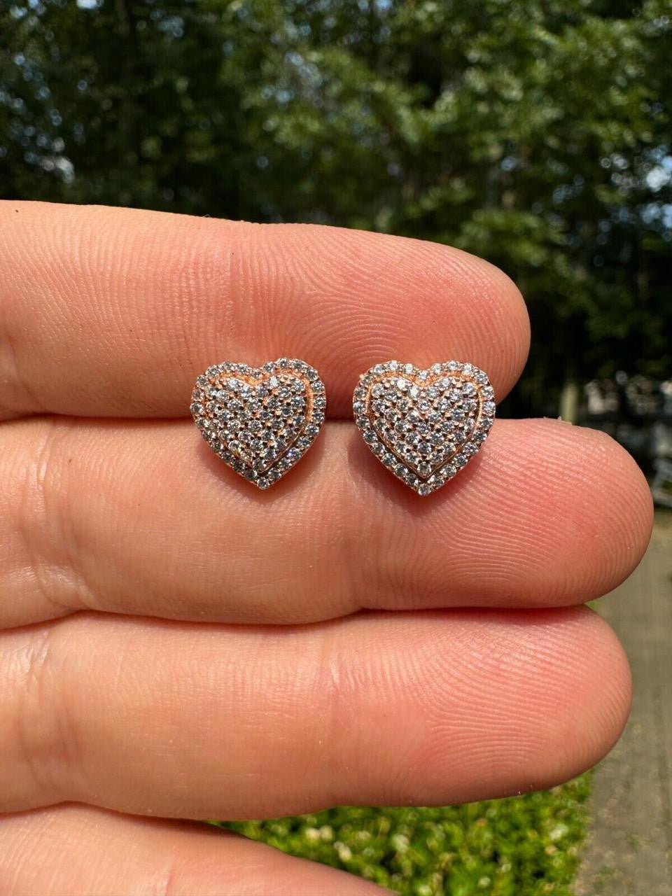 3D Heart Classic Iced Out Earrings - 14k Rose Gold Vermeil 925 Silver - CZ Stones - 10.5mm