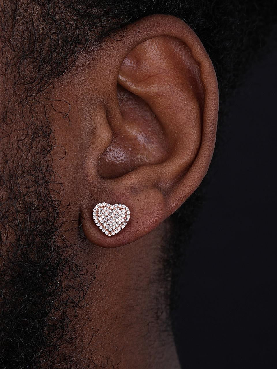 3D Heart Classic Iced Out Earrings - 14k Rose Gold Vermeil 925 Silver - CZ Stones - 10.5mm
