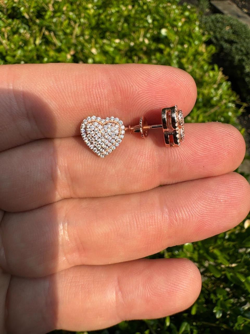 3D Heart Classic Iced Out Earrings - 14k Rose Gold Vermeil 925 Silver - CZ Stones - 10.5mm