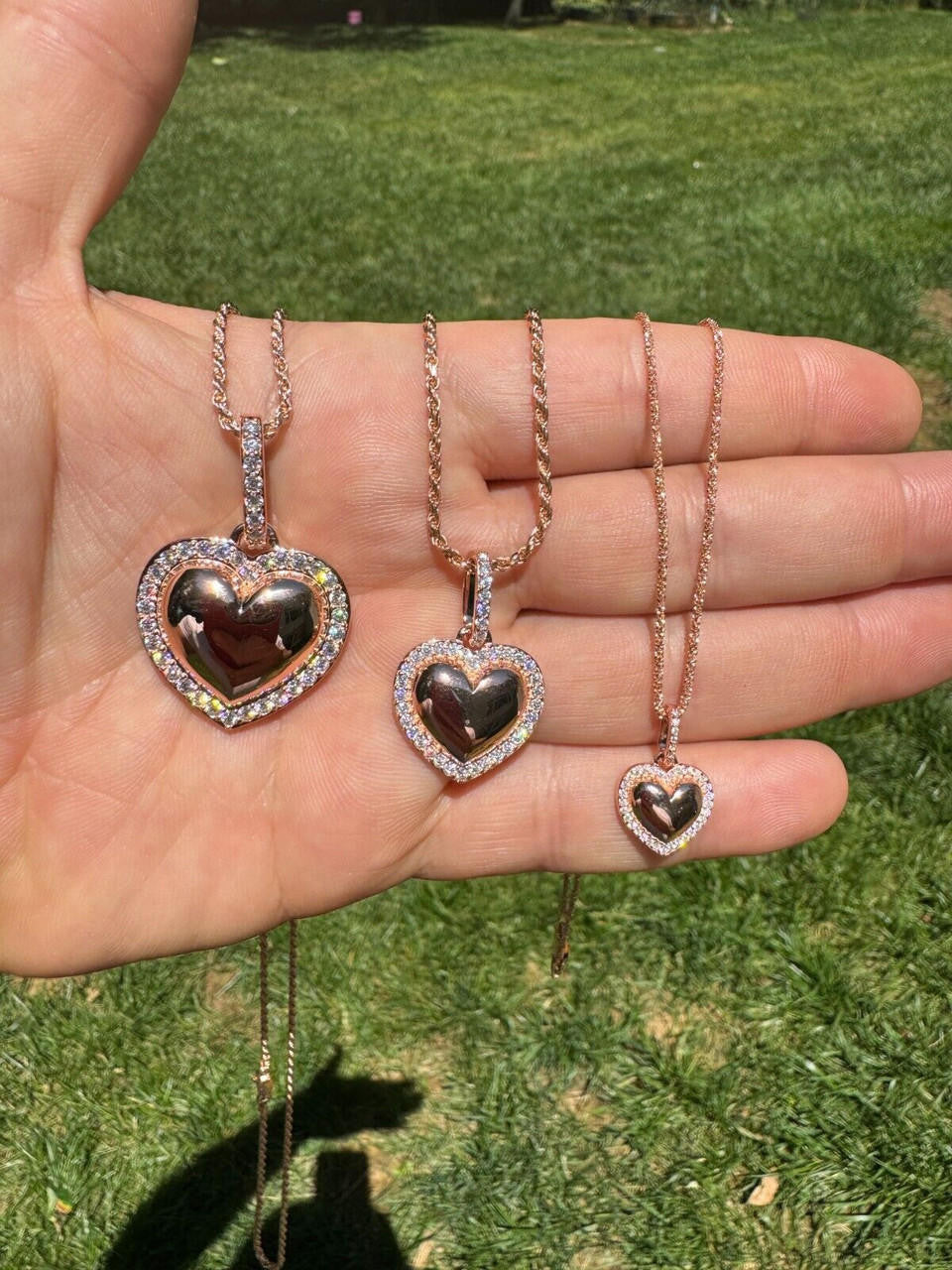 MOISSANITE 3D Puffed Heart Shaped Pendant - 14k Rose Gold Vermeil 925 Silver - 3 Sizes 0.75"-1.5"