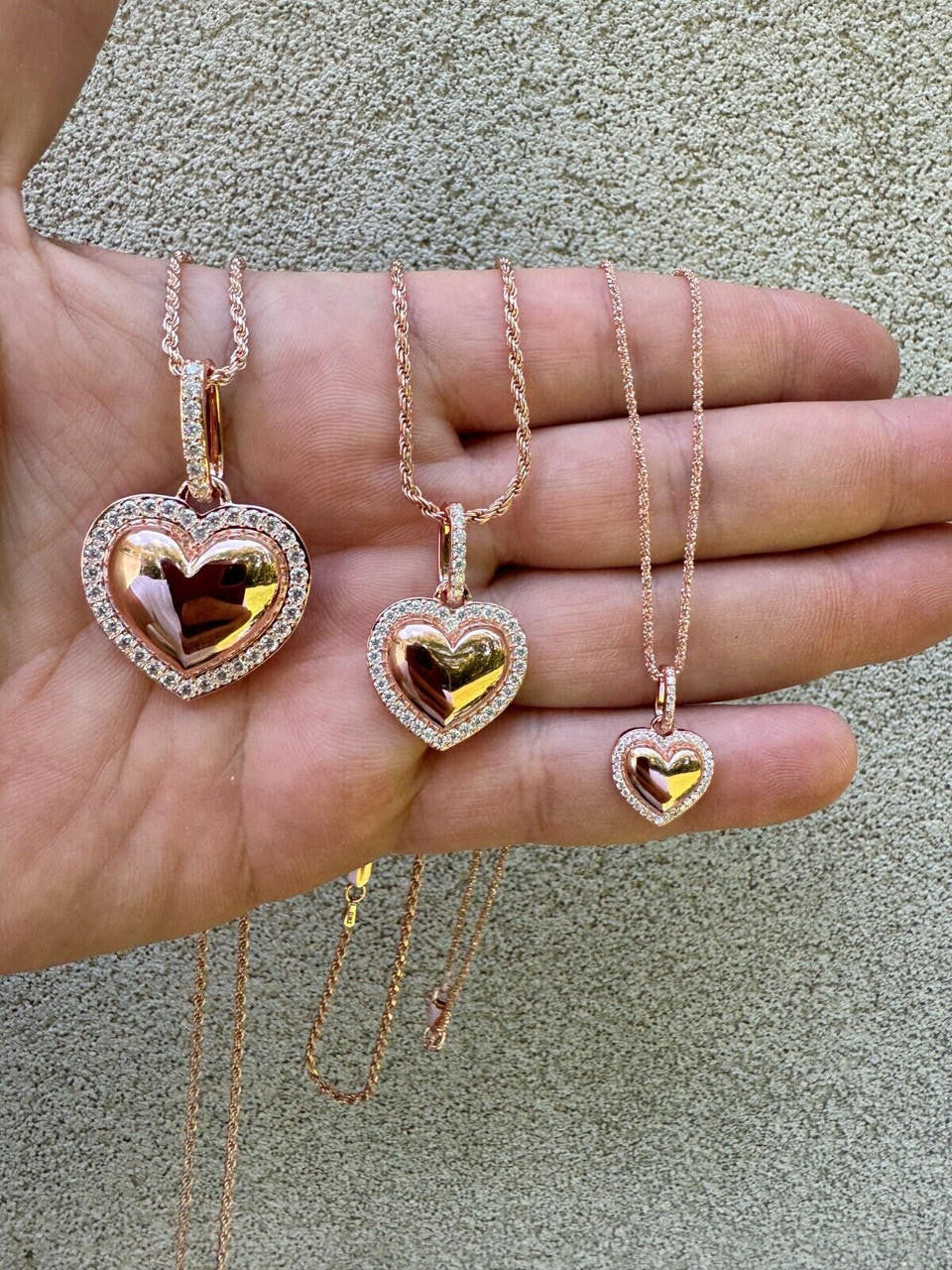 MOISSANITE 3D Puffed Heart Shaped Pendant - 14k Rose Gold Vermeil 925 Silver - 3 Sizes 0.75"-1.5"