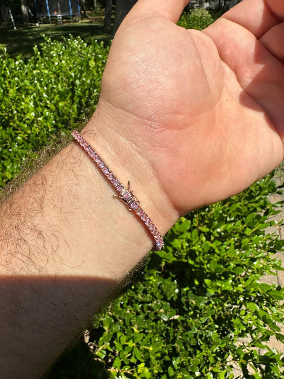 3mm Pink CZ Tennis Bracelet Real Iced 925 Sterling Silver 14k Rose Gold Plated