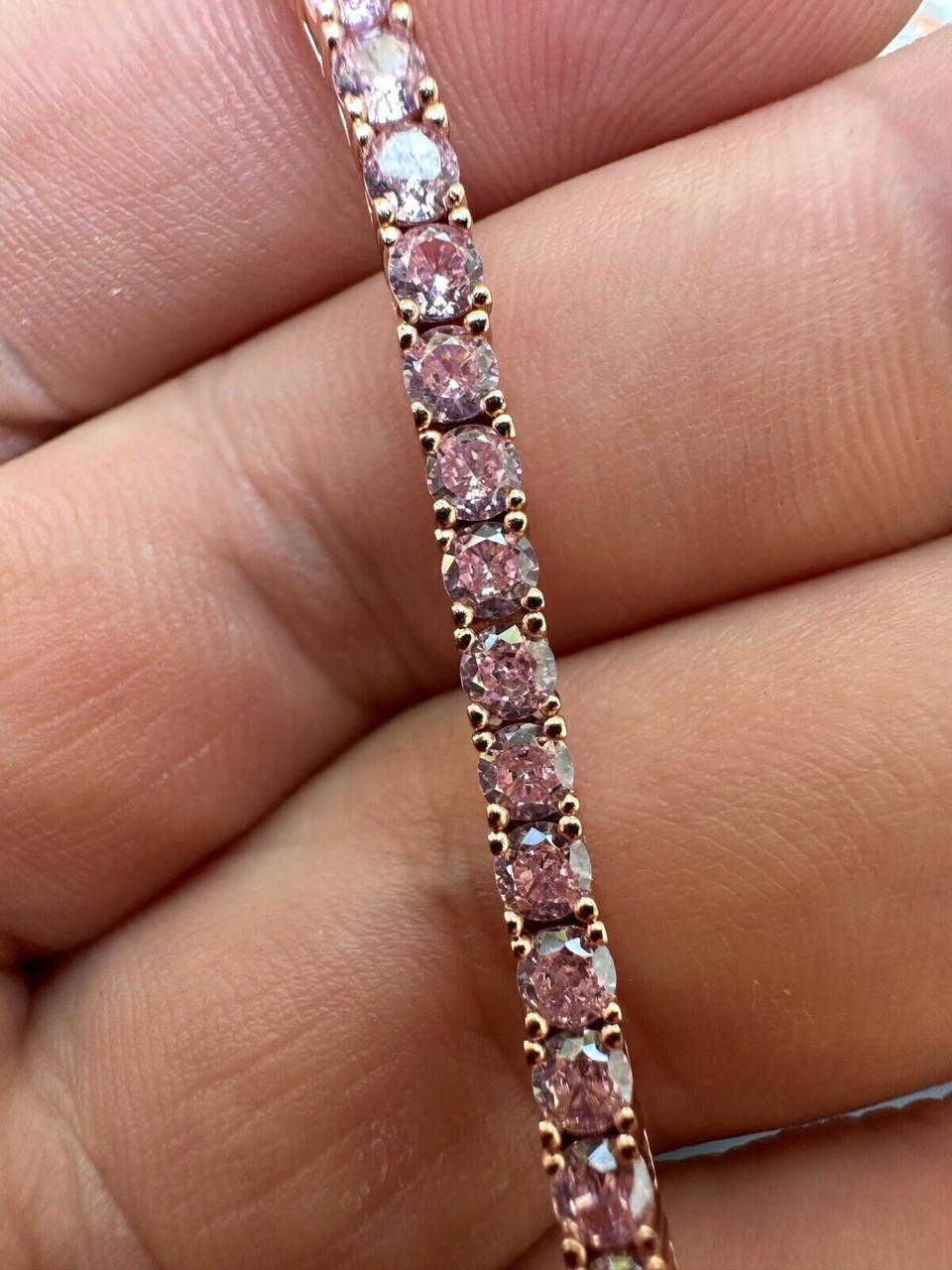 3mm Pink CZ Tennis Bracelet Real Iced 925 Sterling Silver 14k Rose Gold Plated