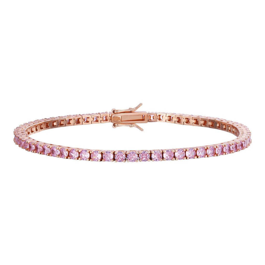 3mm Pink CZ Tennis Bracelet Real Iced 925 Sterling Silver 14k Rose Gold Plated