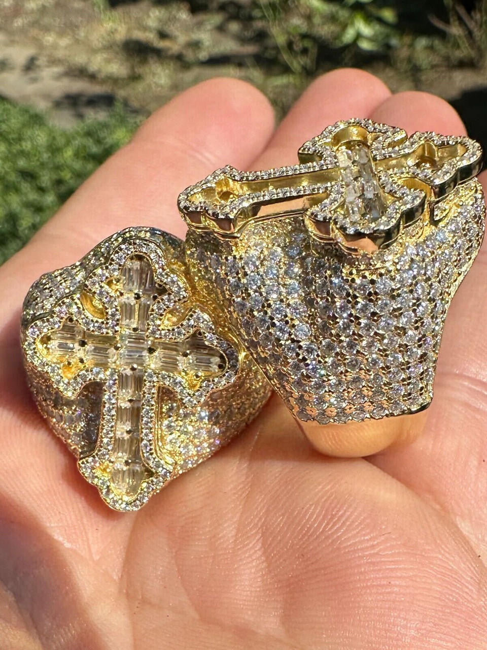 MOISSANITE Gothic Tupac Cross Baguette Iced Out Ring - 14k Gold Vermeil 925 Silver
