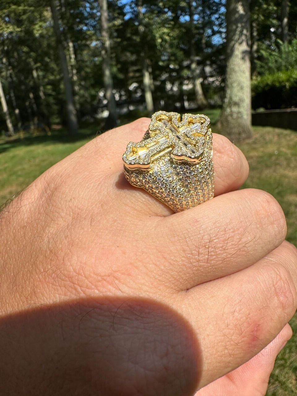 MOISSANITE Gothic Tupac Cross Baguette Iced Out Ring - 14k Gold Vermeil 925 Silver
