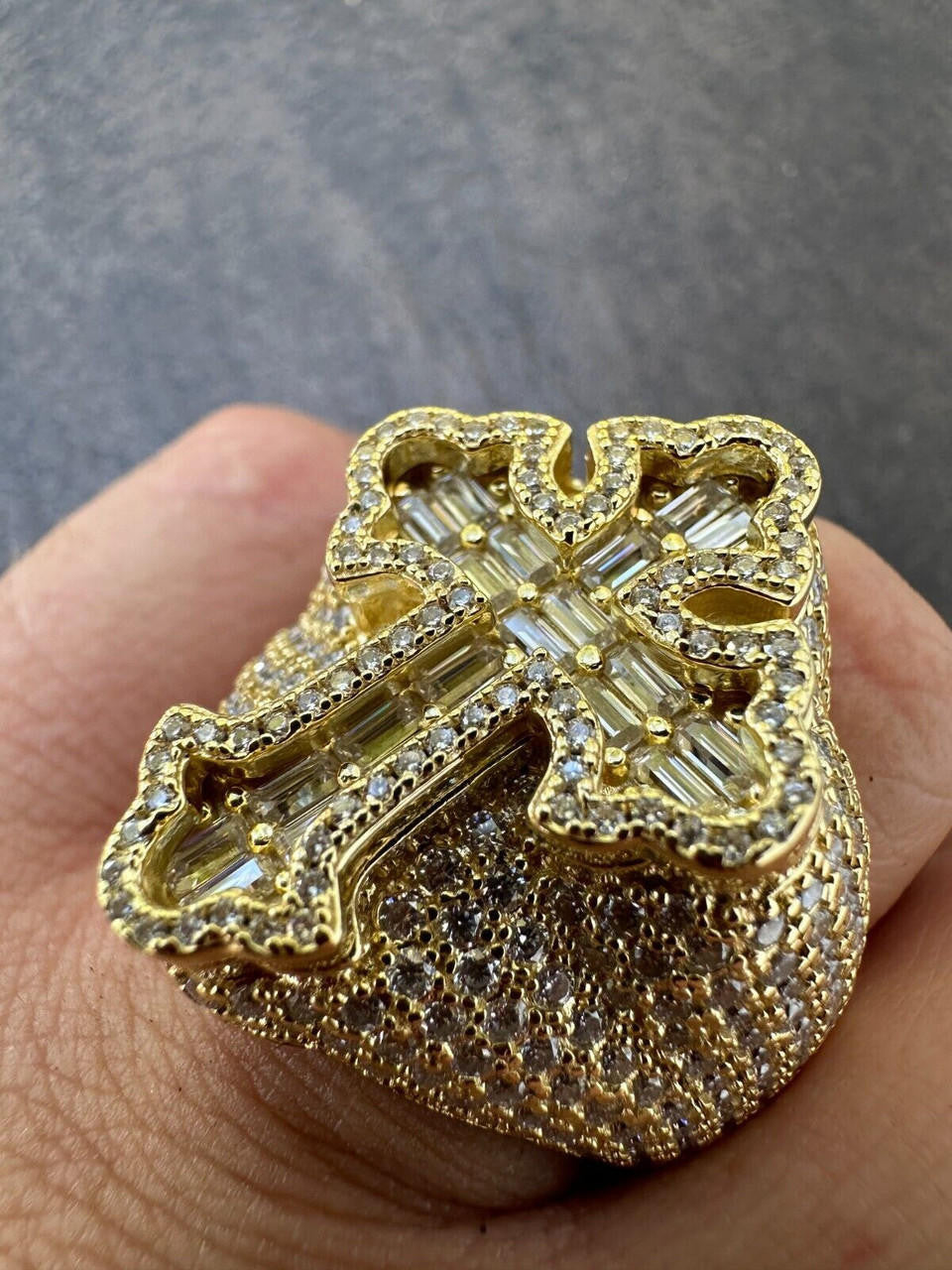 MOISSANITE Gothic Tupac Cross Baguette Iced Out Ring - 14k Gold Vermeil 925 Silver