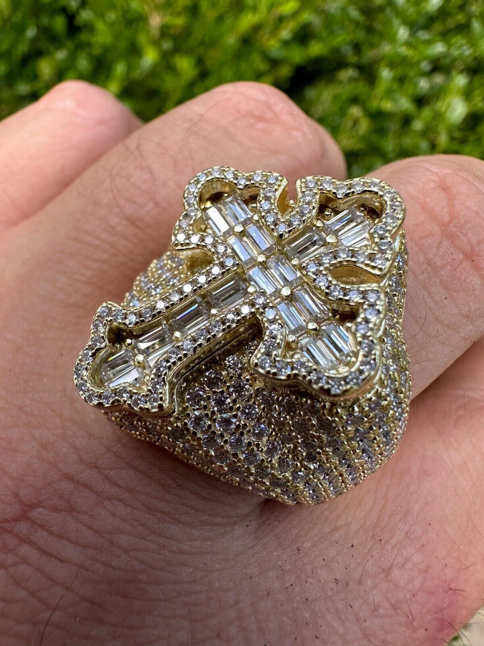 MOISSANITE Gothic Tupac Cross Baguette Iced Out Ring - 14k Gold Vermeil 925 Silver