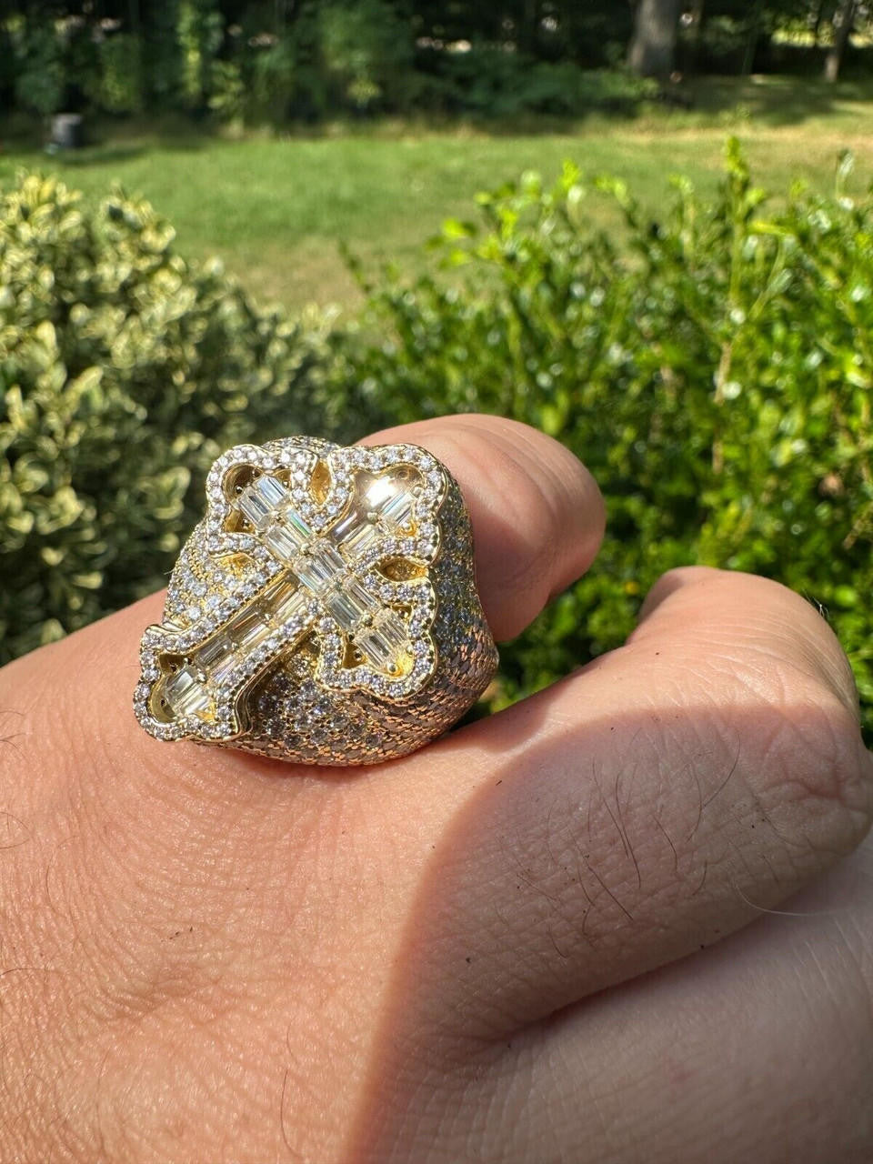 MOISSANITE Gothic Tupac Cross Baguette Iced Out Ring - 14k Gold Vermeil 925 Silver