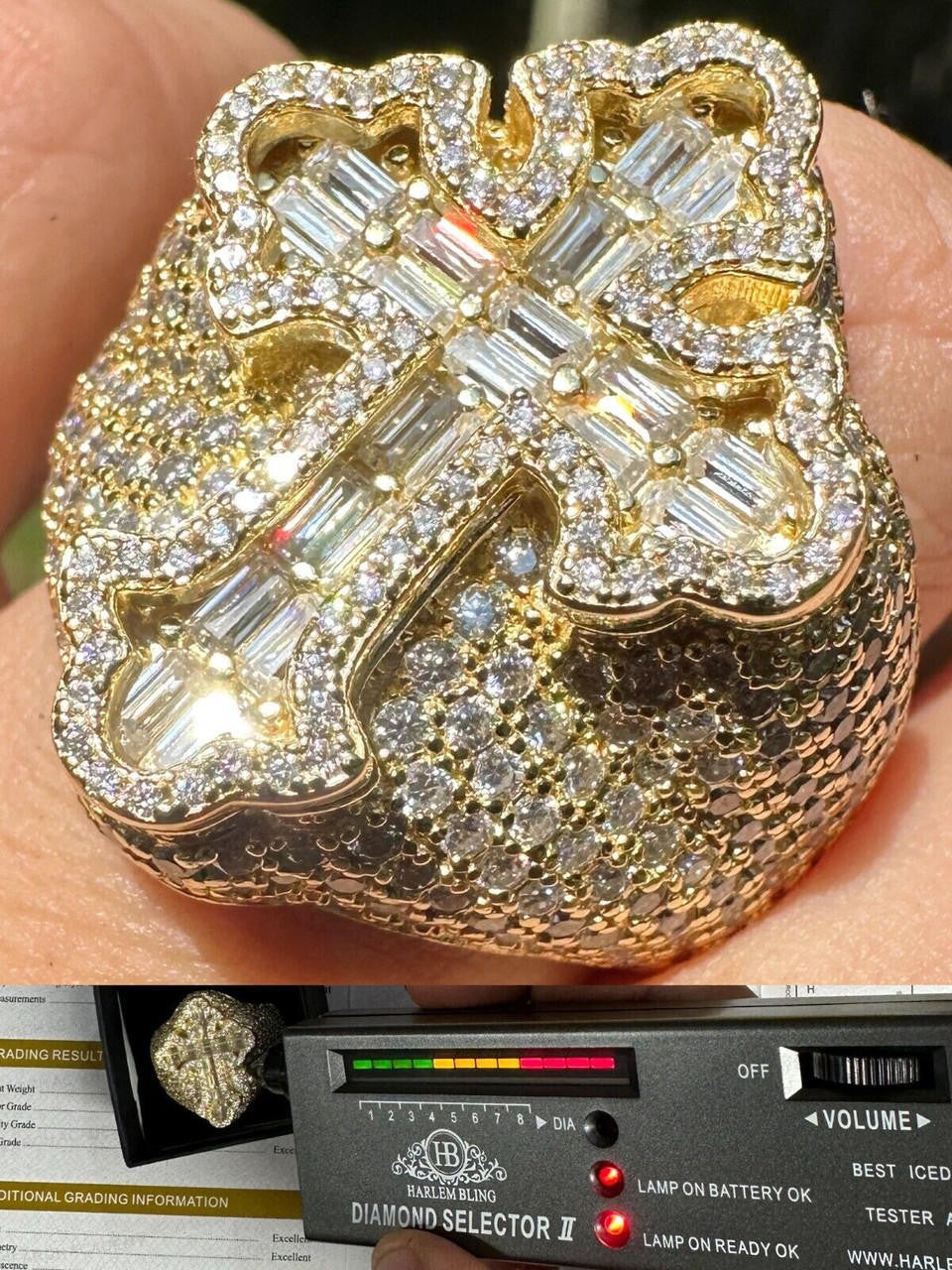MOISSANITE Gothic Tupac Cross Baguette Iced Out Ring - 14k Gold Vermeil 925 Silver