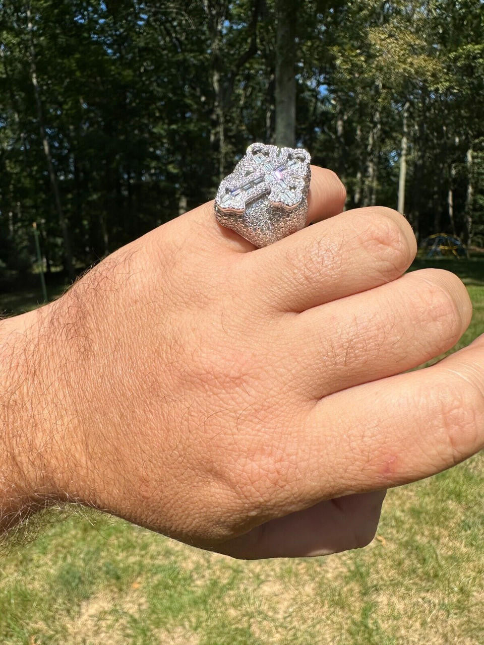 MOISSANITE Gothic Tupac Cross Baguette Iced Out Ring - 925 Silver