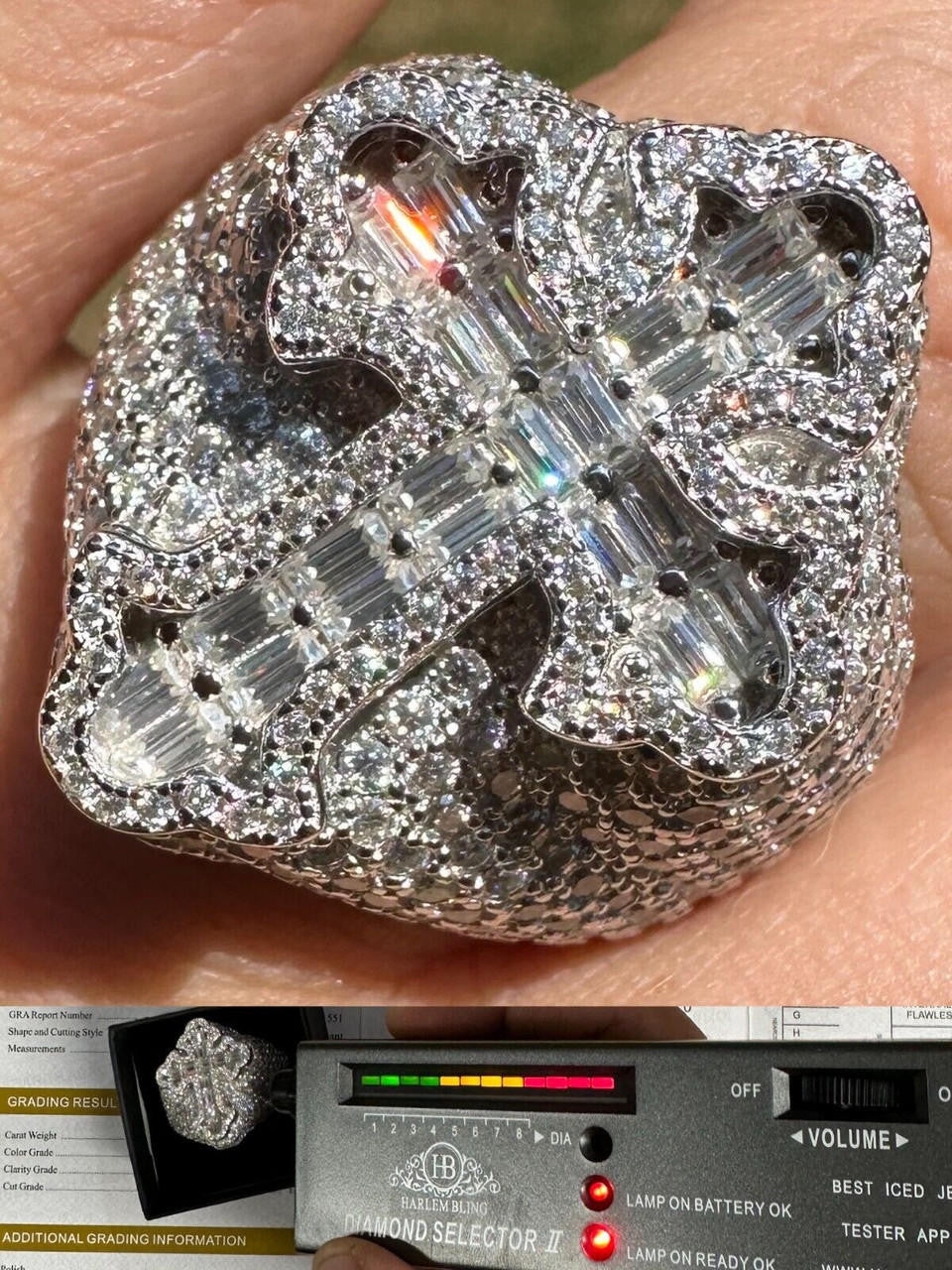 MOISSANITE Gothic Tupac Cross Baguette Iced Out Ring - 925 Silver