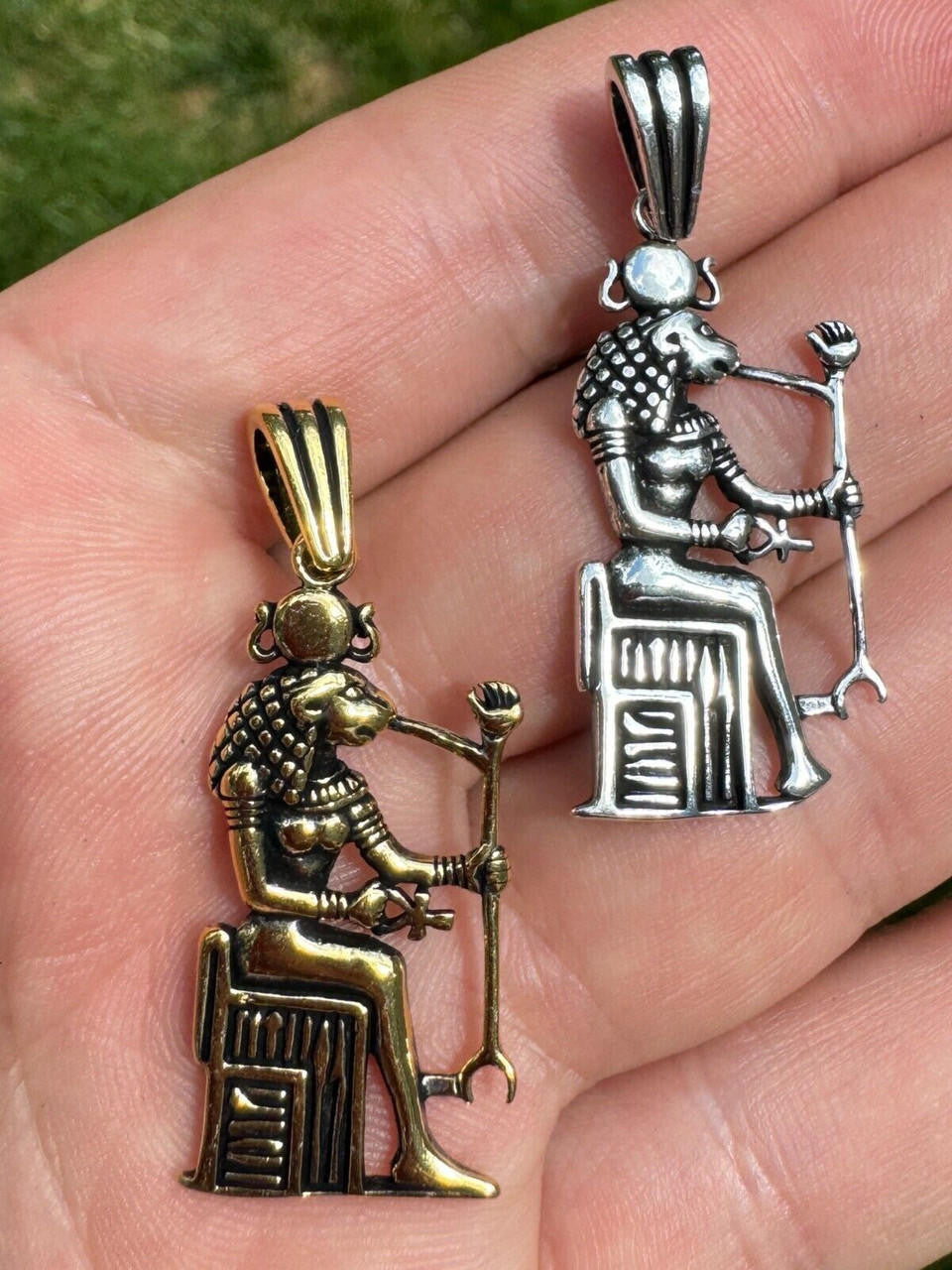 Egyptian God Anubis Holding Ankh Pendant - 14k Gold Vermeil Or Oxidized 925 Silver - Medium 1.75"