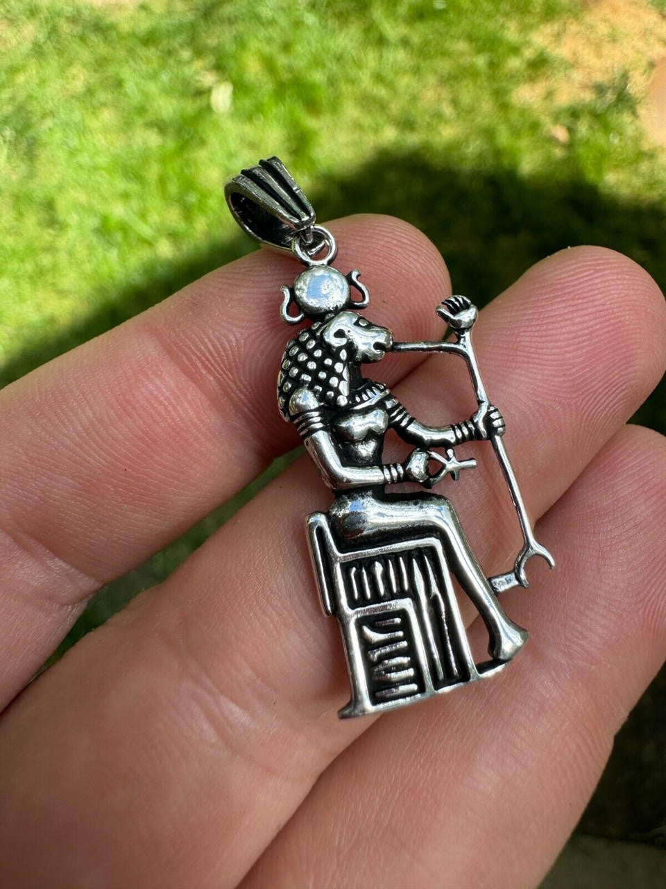 Egyptian God Anubis Holding Ankh Pendant - 14k Gold Vermeil Or Oxidized 925 Silver - Medium 1.75"