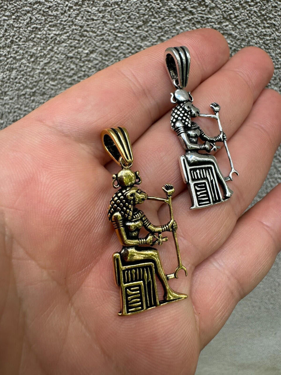 Egyptian God Anubis Holding Ankh Pendant - 14k Gold Vermeil Or Oxidized 925 Silver - Medium 1.75"