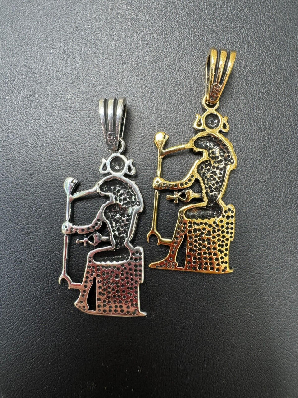 Egyptian God Anubis Holding Ankh Pendant - 14k Gold Vermeil Or Oxidized 925 Silver - Medium 1.75"