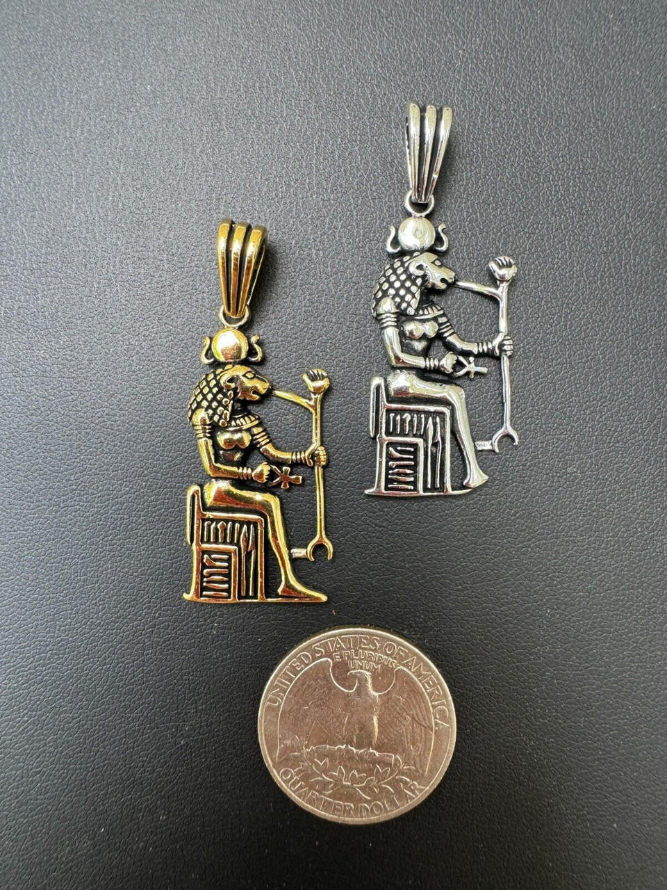 Egyptian God Anubis Holding Ankh Pendant - 14k Gold Vermeil Or Oxidized 925 Silver - Medium 1.75"