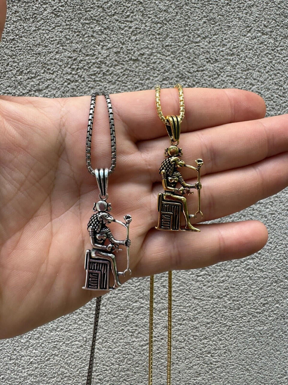Egyptian God Anubis Holding Ankh Pendant - 14k Gold Vermeil Or Oxidized 925 Silver - Medium 1.75"