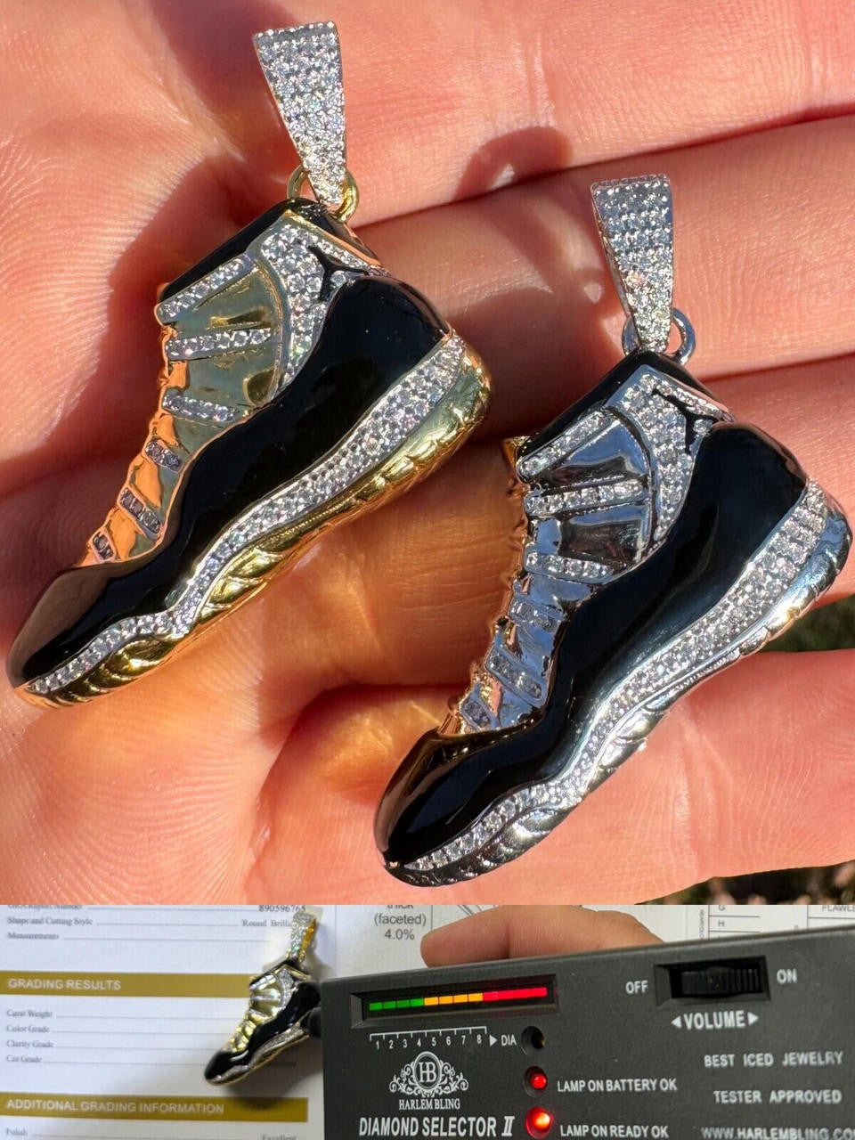 MOISSANITE Air Jordan 45 Black Nike Sneaker Pendant - 14k Gold Vermeil Or 925 Silver - Medium 2"