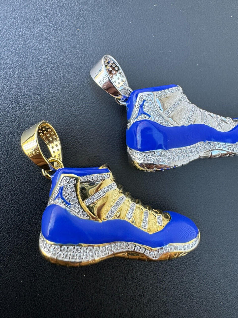 MOISSANITE Air Jordan 45 Blue Nike Sneaker Pendant - 14k Gold Vermeil Or 925 Silver - Medium 2"