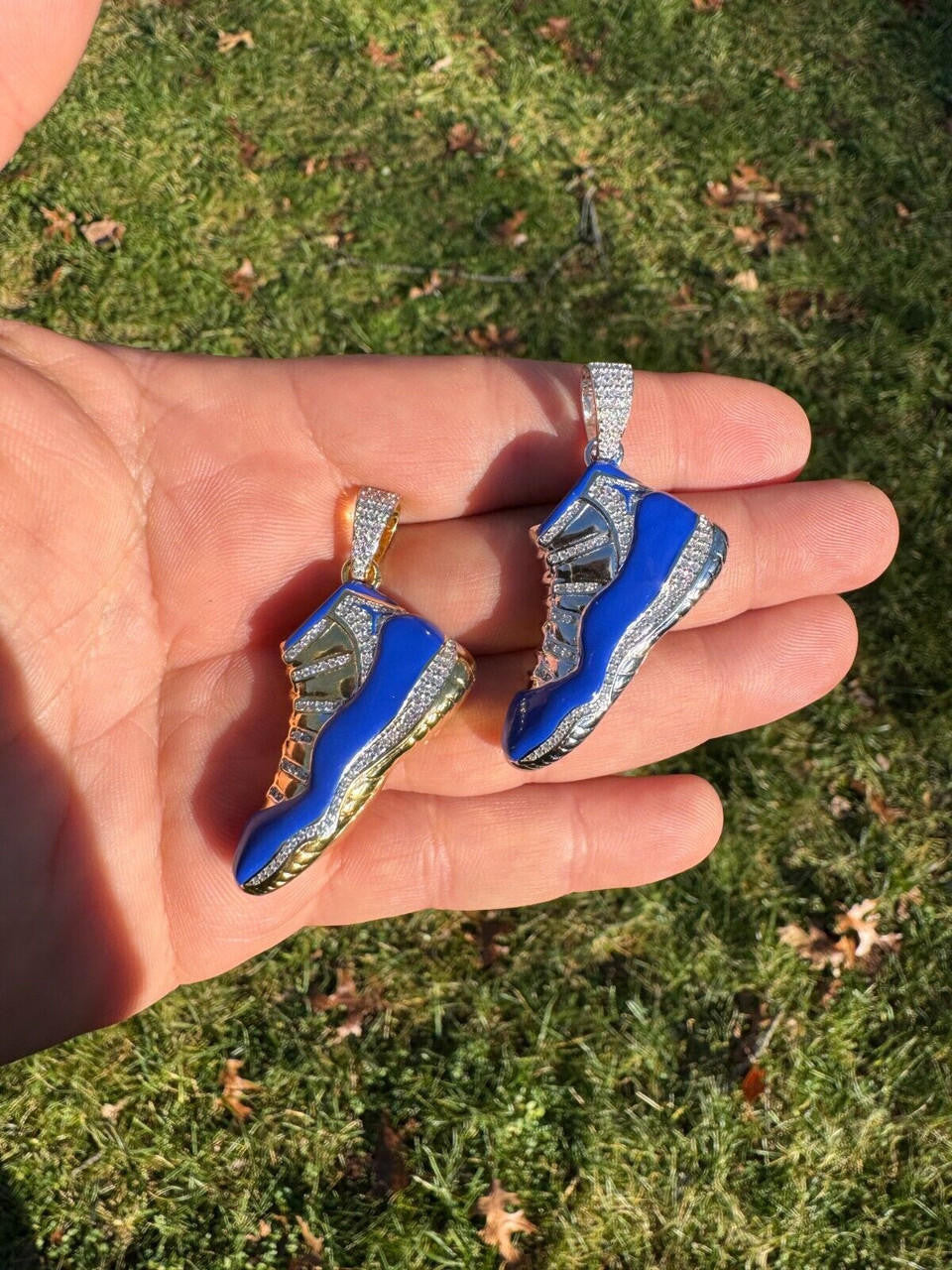 MOISSANITE Air Jordan 45 Blue Nike Sneaker Pendant - 14k Gold Vermeil Or 925 Silver - Medium 2"