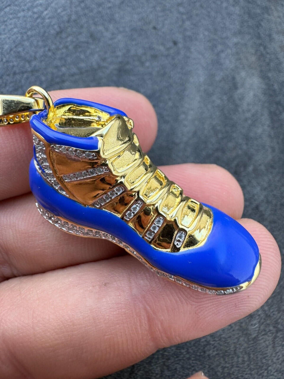 MOISSANITE Air Jordan 45 Blue Nike Sneaker Pendant - 14k Gold Vermeil Or 925 Silver - Medium 2"