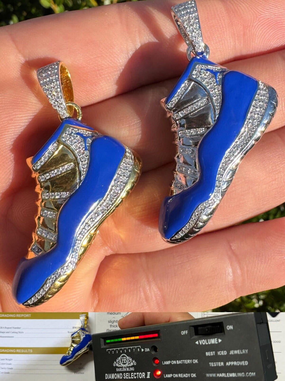 MOISSANITE Air Jordan 45 Blue Nike Sneaker Pendant - 14k Gold Vermeil Or 925 Silver - Medium 2"