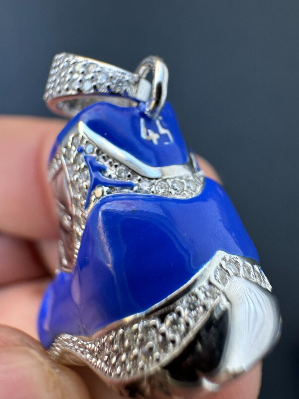MOISSANITE Air Jordan 45 Blue Nike Sneaker Pendant - 14k Gold Vermeil Or 925 Silver - Medium 2"
