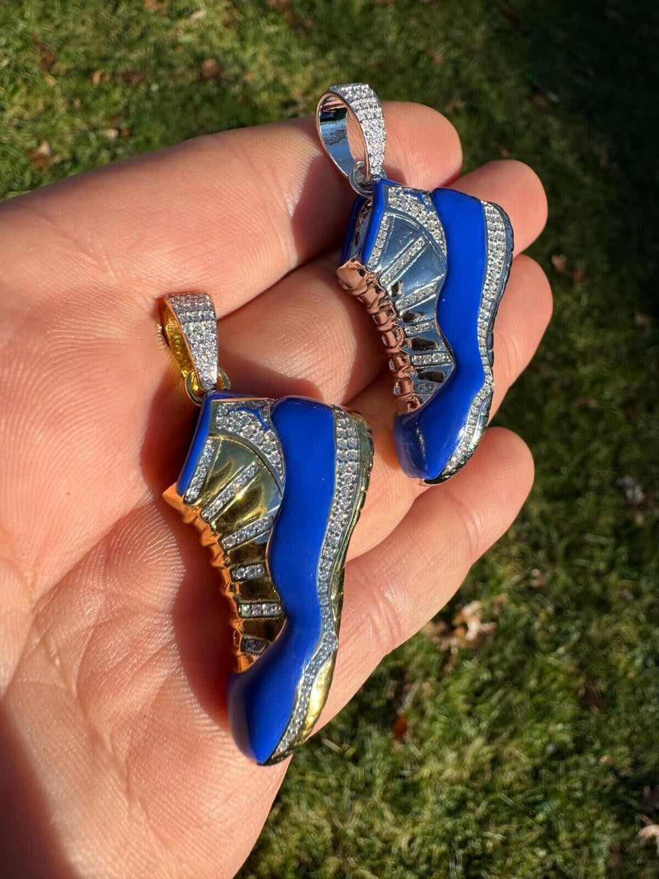 MOISSANITE Air Jordan 45 Blue Nike Sneaker Pendant - 14k Gold Vermeil Or 925 Silver - Medium 2"