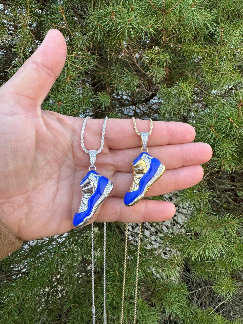 MOISSANITE Air Jordan 45 Blue Nike Sneaker Pendant - 14k Gold Vermeil Or 925 Silver - Medium 2"