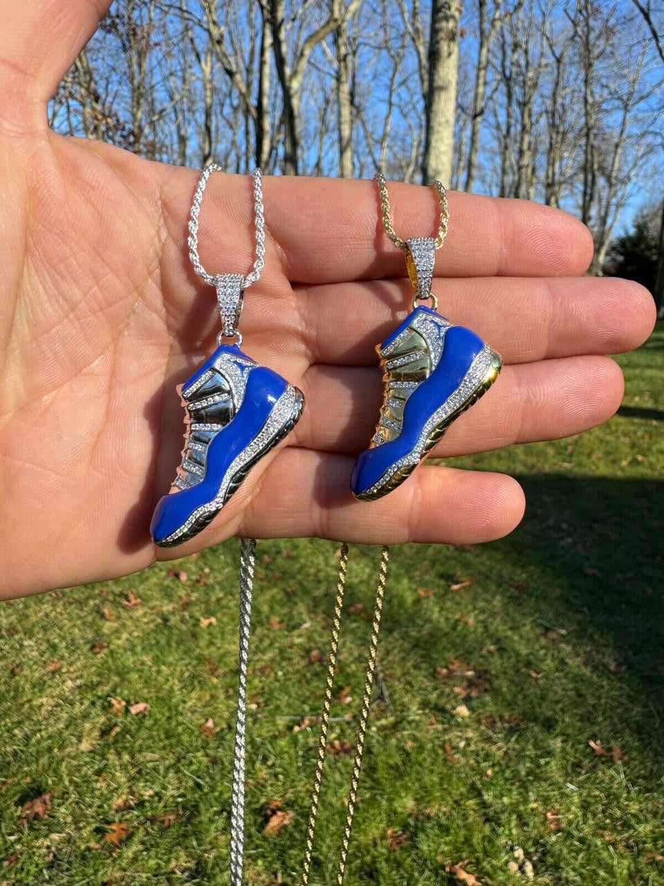 MOISSANITE Air Jordan 45 Blue Nike Sneaker Pendant - 14k Gold Vermeil Or 925 Silver - Medium 2"