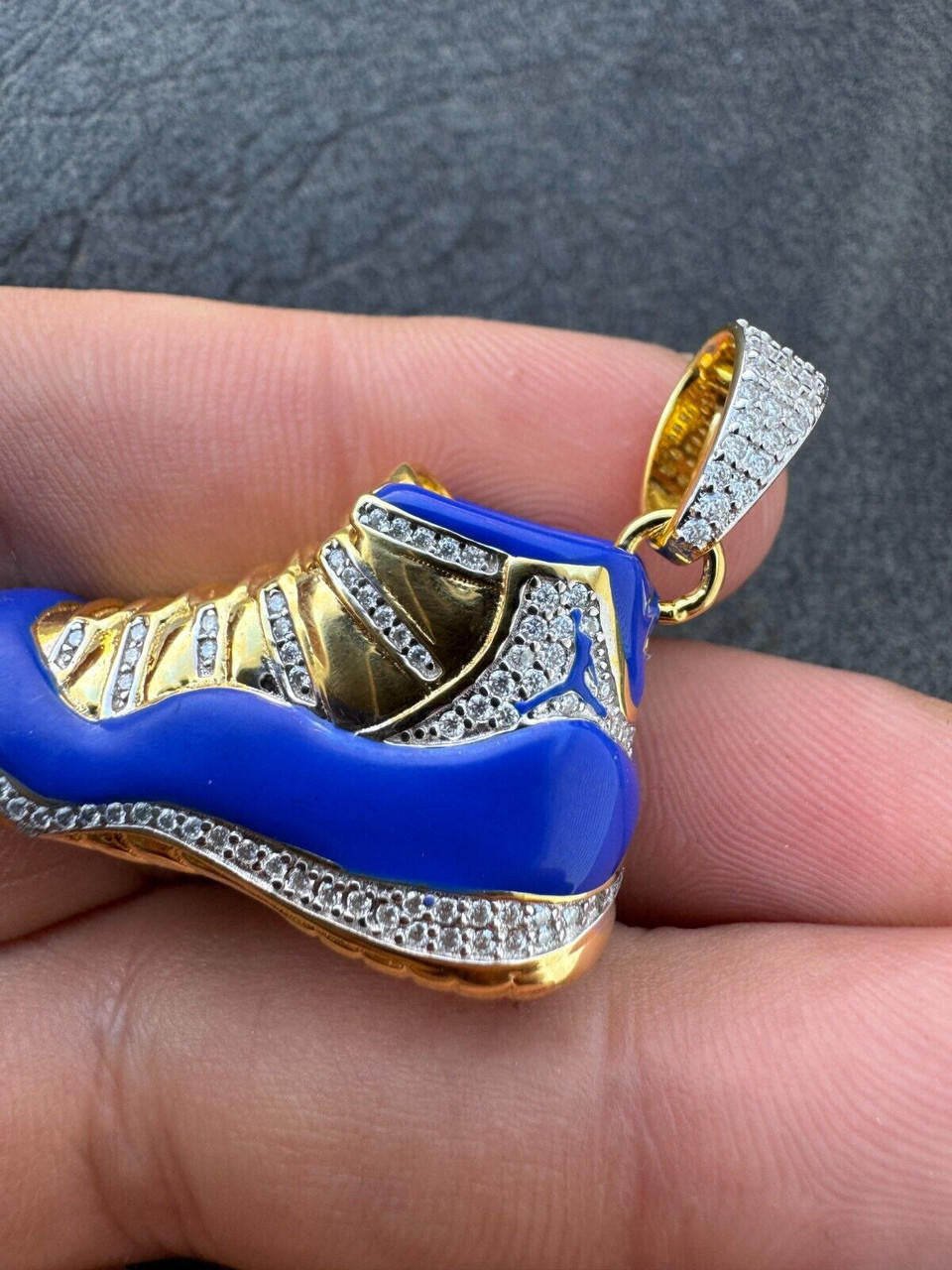 MOISSANITE Air Jordan 45 Blue Nike Sneaker Pendant - 14k Gold Vermeil Or 925 Silver - Medium 2"