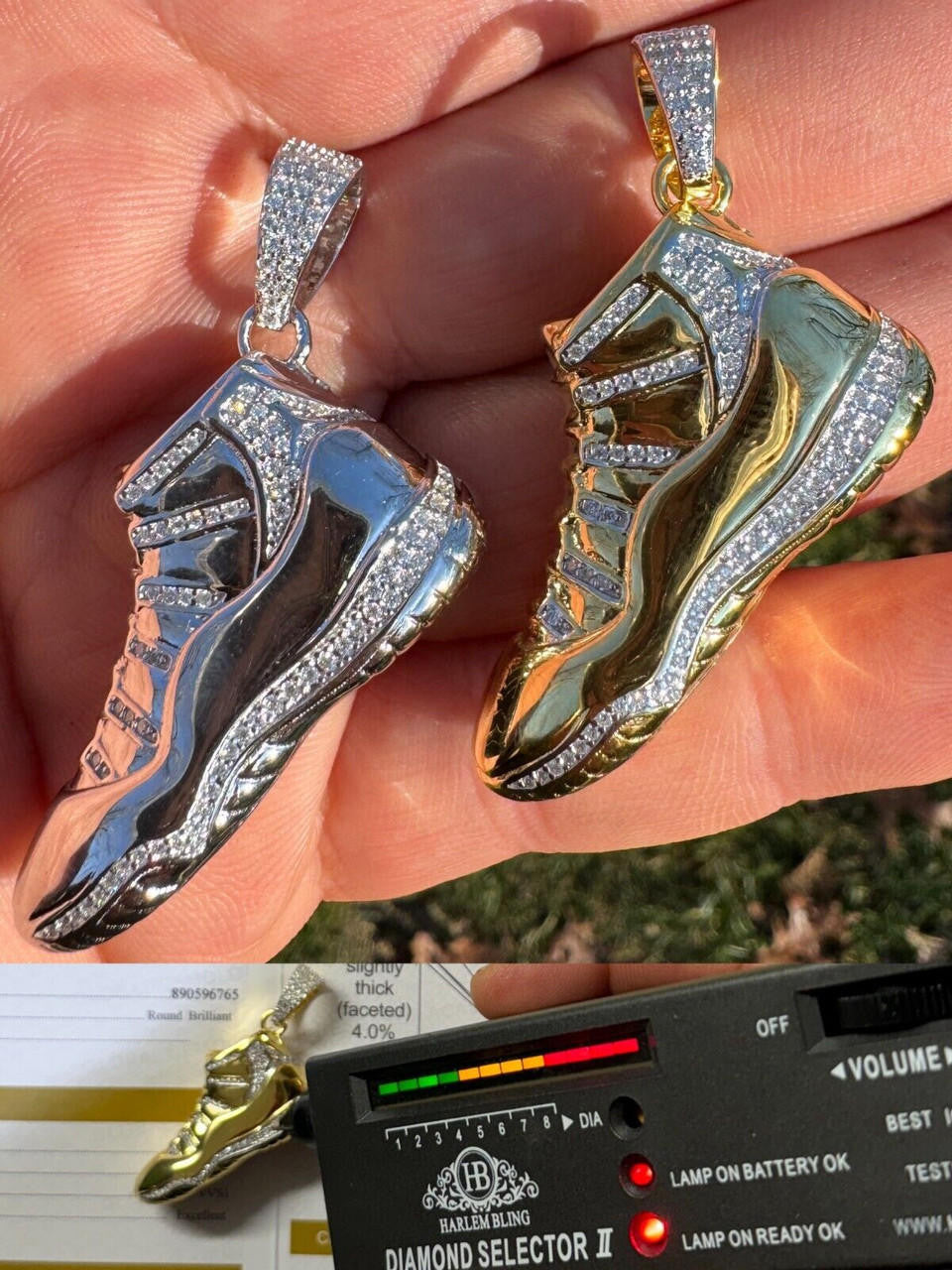 MOISSANITE Air Jordan 45 Nike Sneaker Pendant - 14k Gold Vermeil Or 925 Silver - Medium 2"