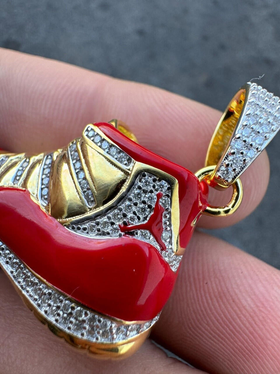 MOISSANITE Air Jordan 45 Red Nike Sneaker Pendant - 14k Gold Vermeil Or 925 Silver - Medium 2"