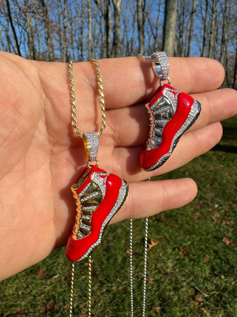 MOISSANITE Air Jordan 45 Red Nike Sneaker Pendant - 14k Gold Vermeil Or 925 Silver - Medium 2"