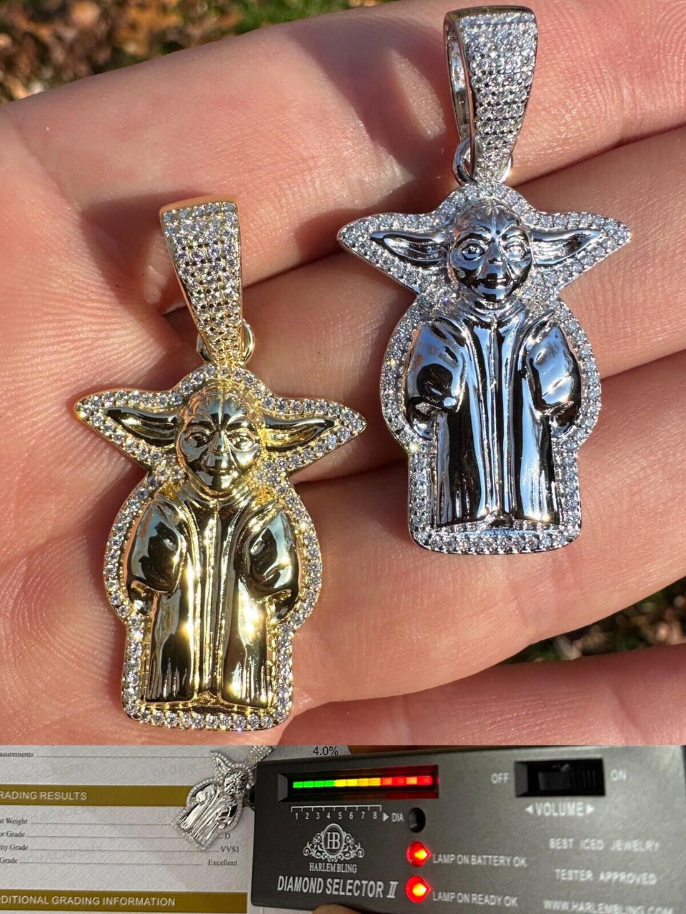 MOISSANITE Baby Yoda Star Wars Pendant - 14k Gold Vermeil Or 925 Silver - Small 1.25"